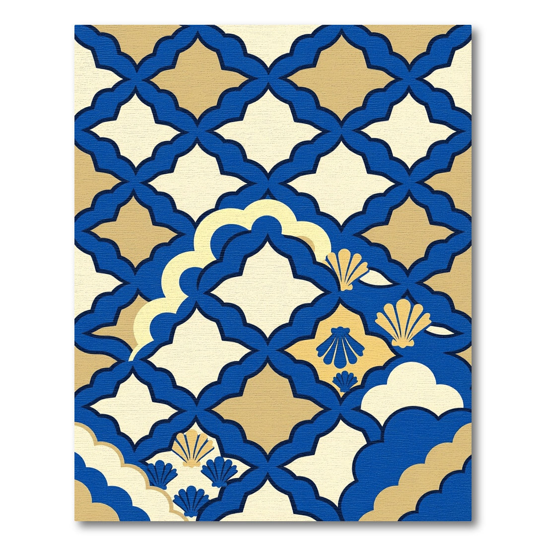 Navy and Gold Scalloped Shell Grid Rug