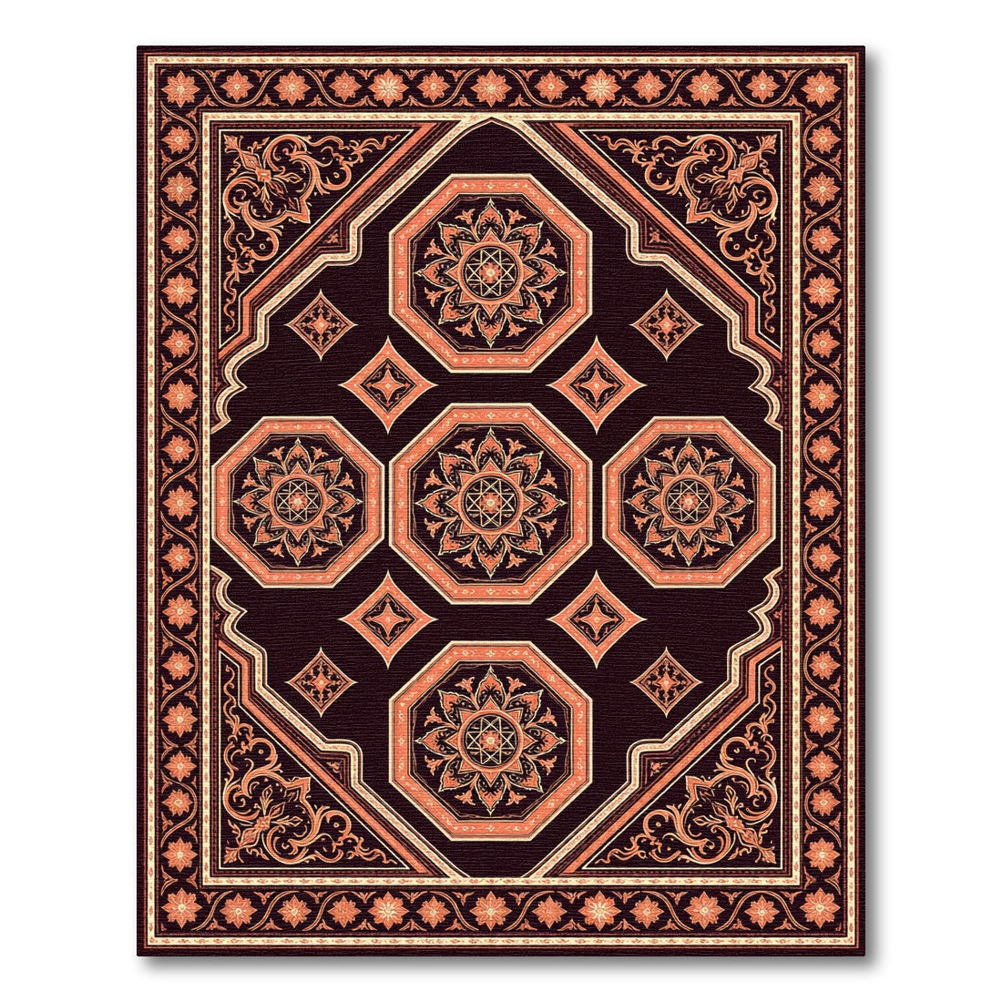 Elegant Dark Amber Octagon Medallion Tapestry Rug