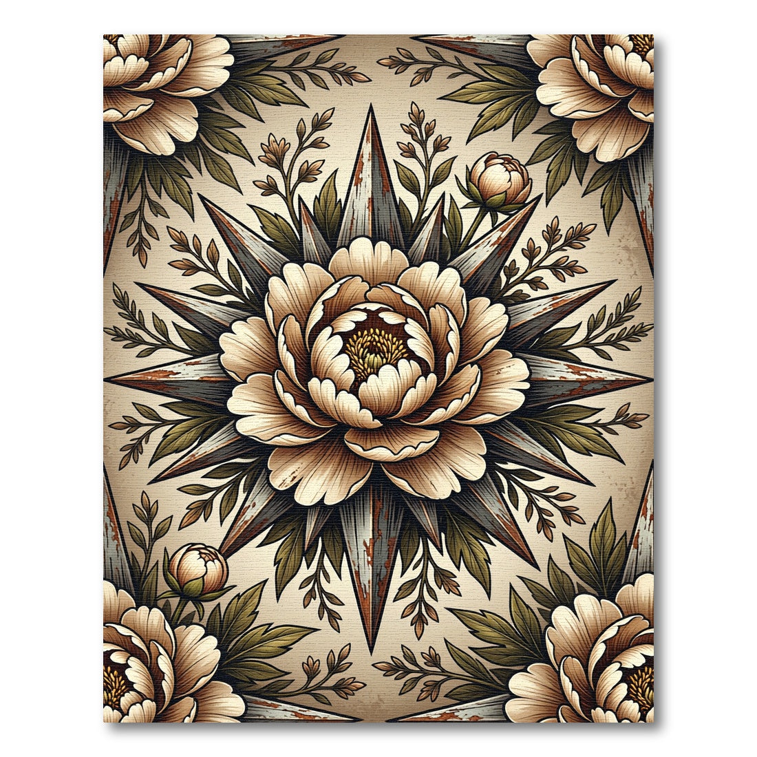 Vintage Floral Compass Peony Art Rug