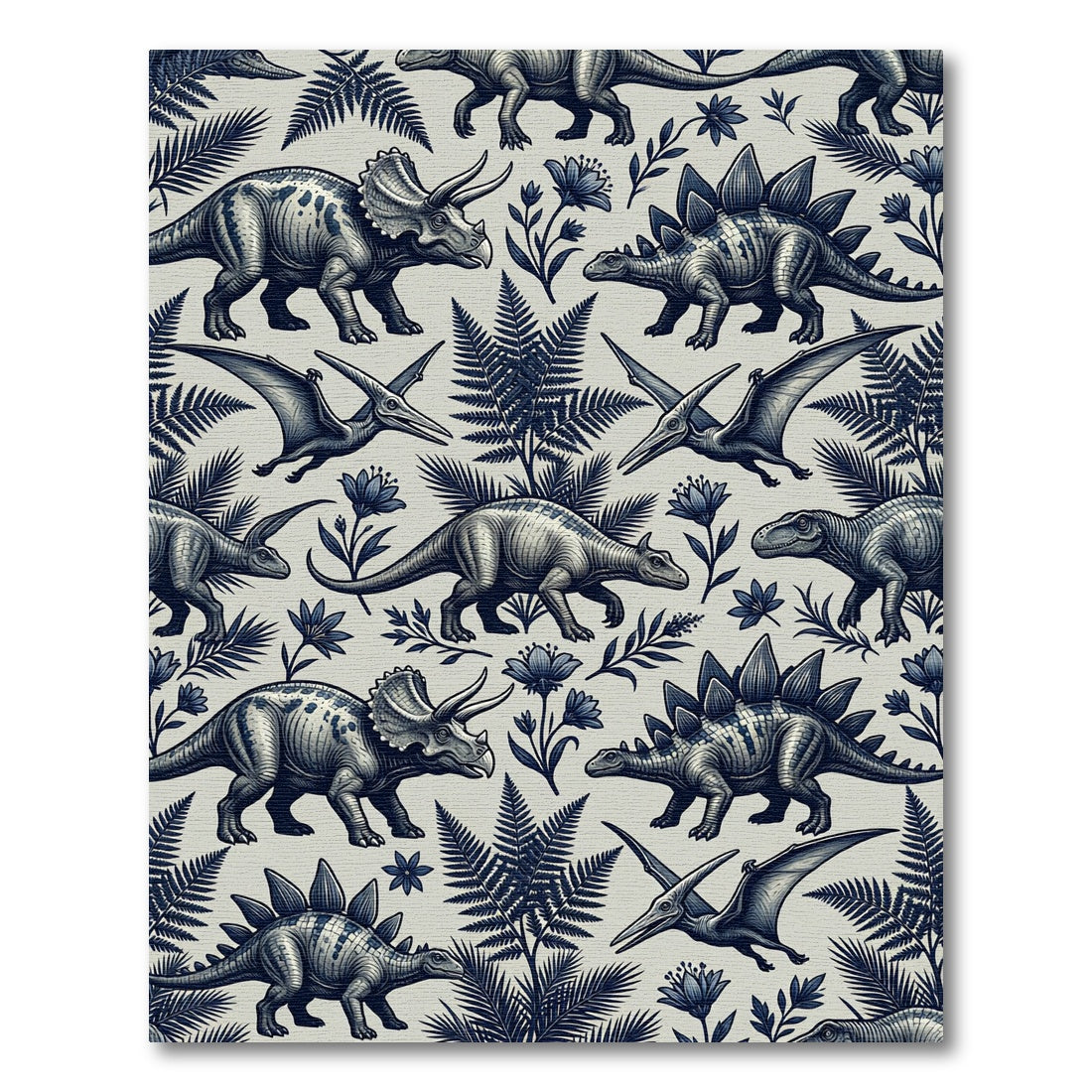 Vintage Navy Dinosaur Botanical Illustration Rug