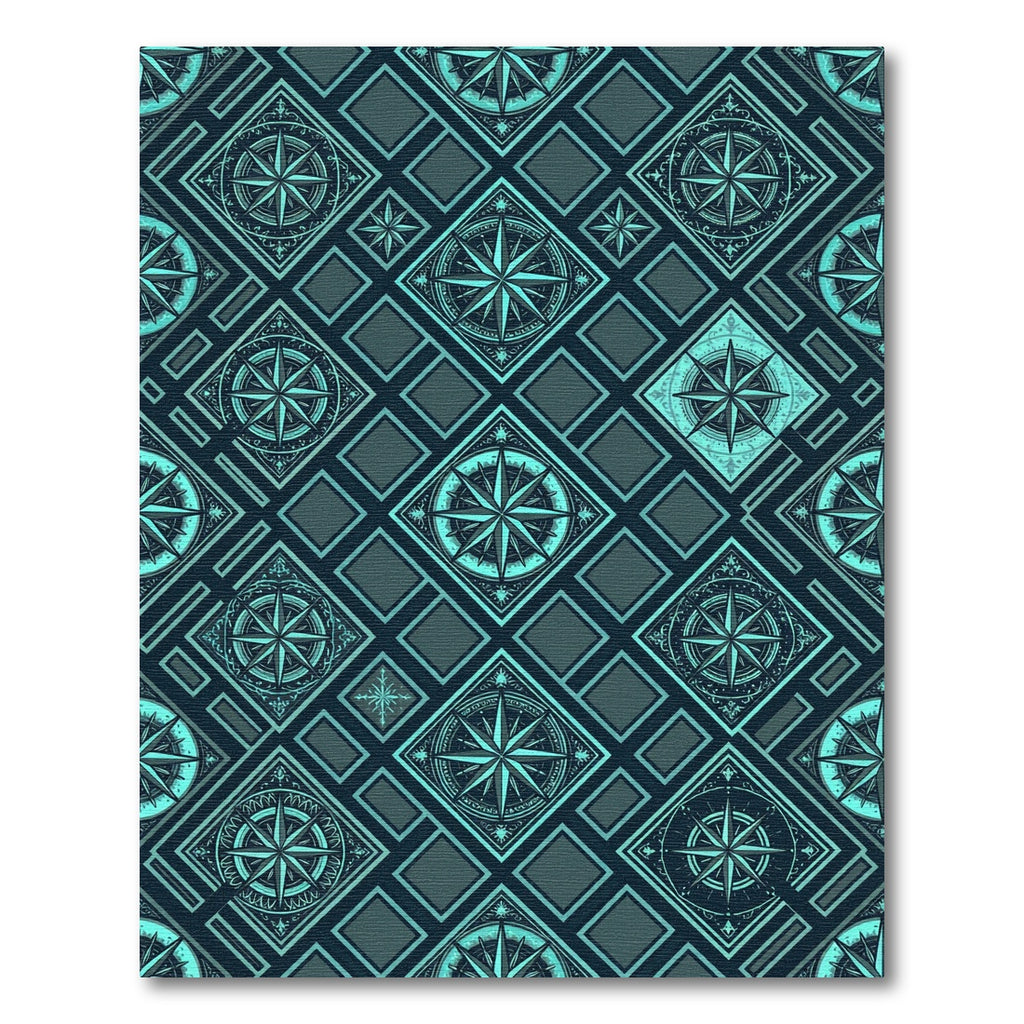 Teal Compass Geometric Nautical Tile Rug