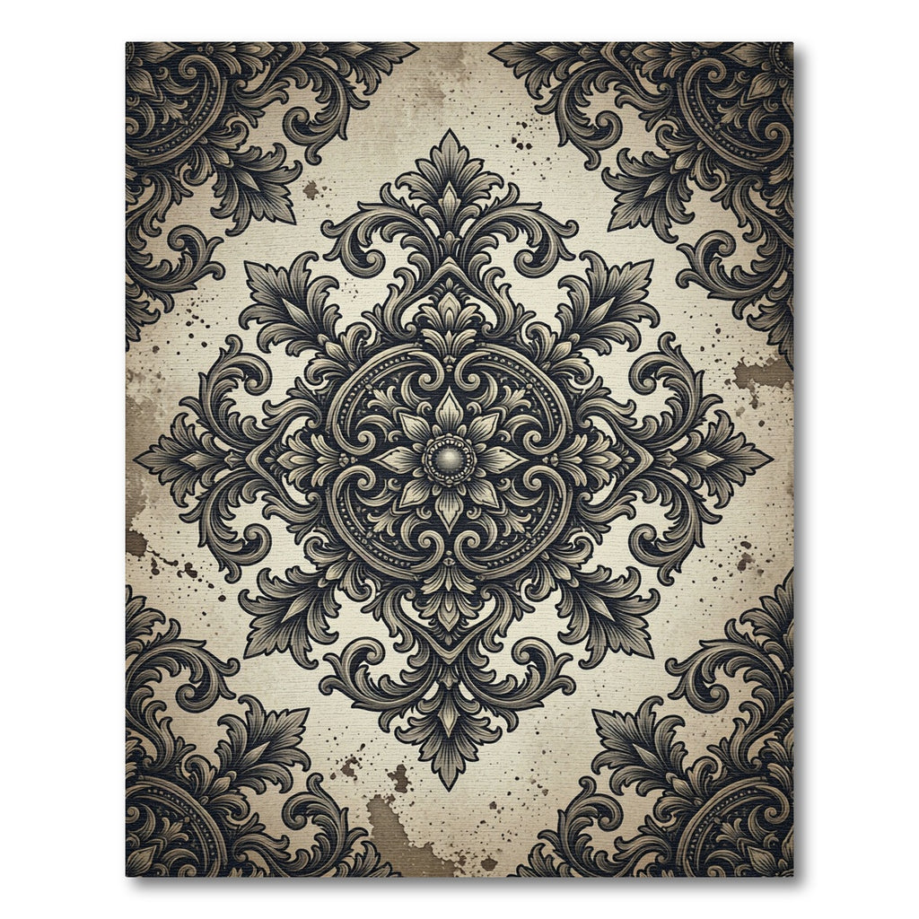 Ornate Charcoal Floral Damask Medallion Rug