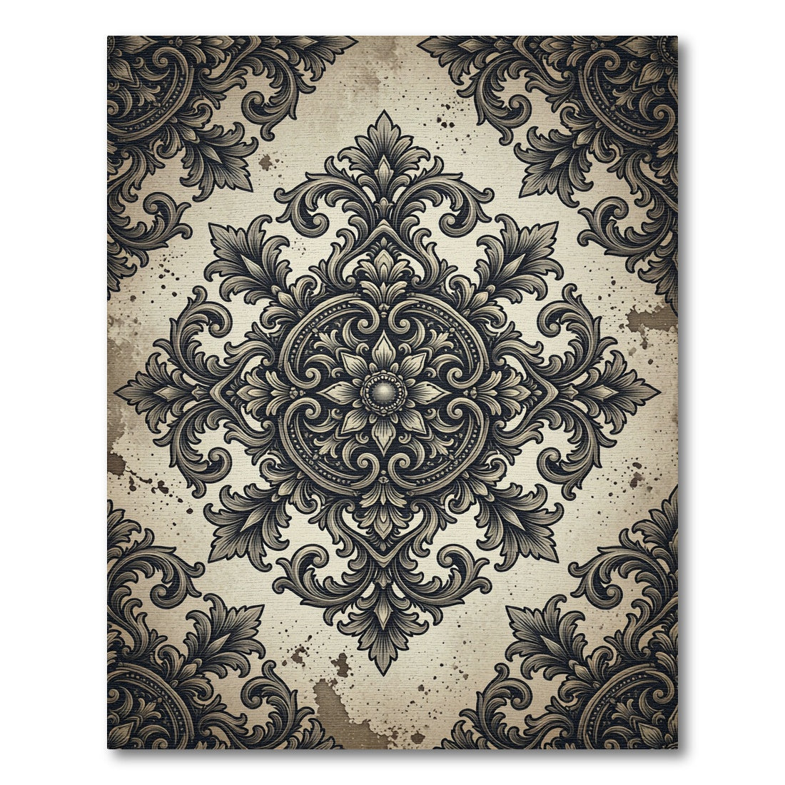 Ornate Charcoal Floral Damask Medallion Rug