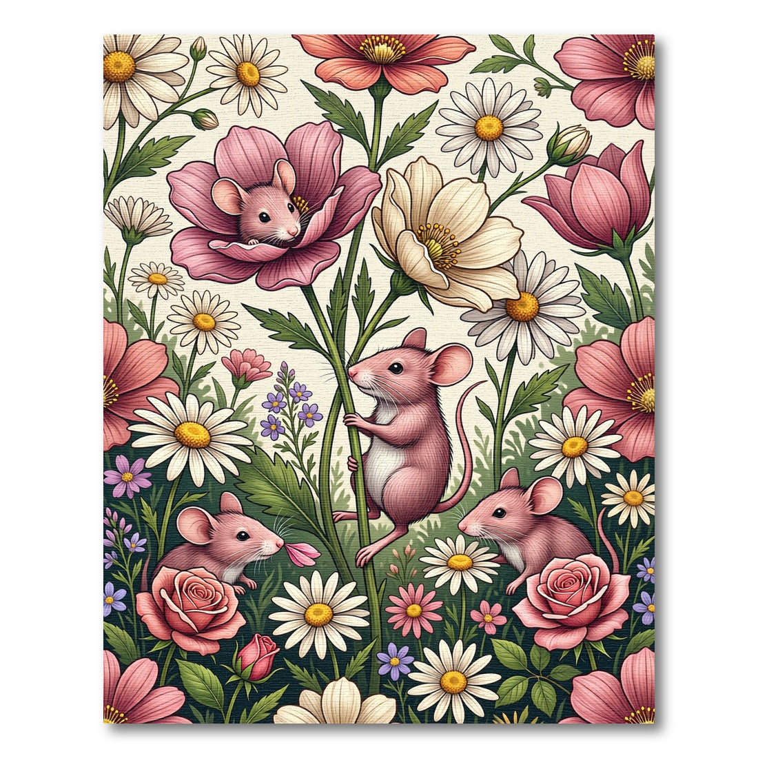 Whimsical Pink Mouse Floral Garden Rug