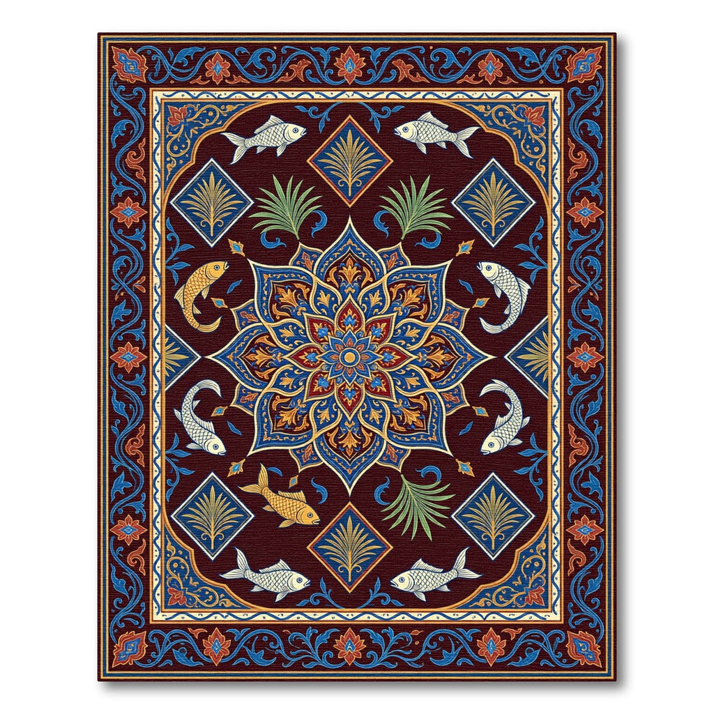 Rich Burgundy Fish Medallion Border Rug