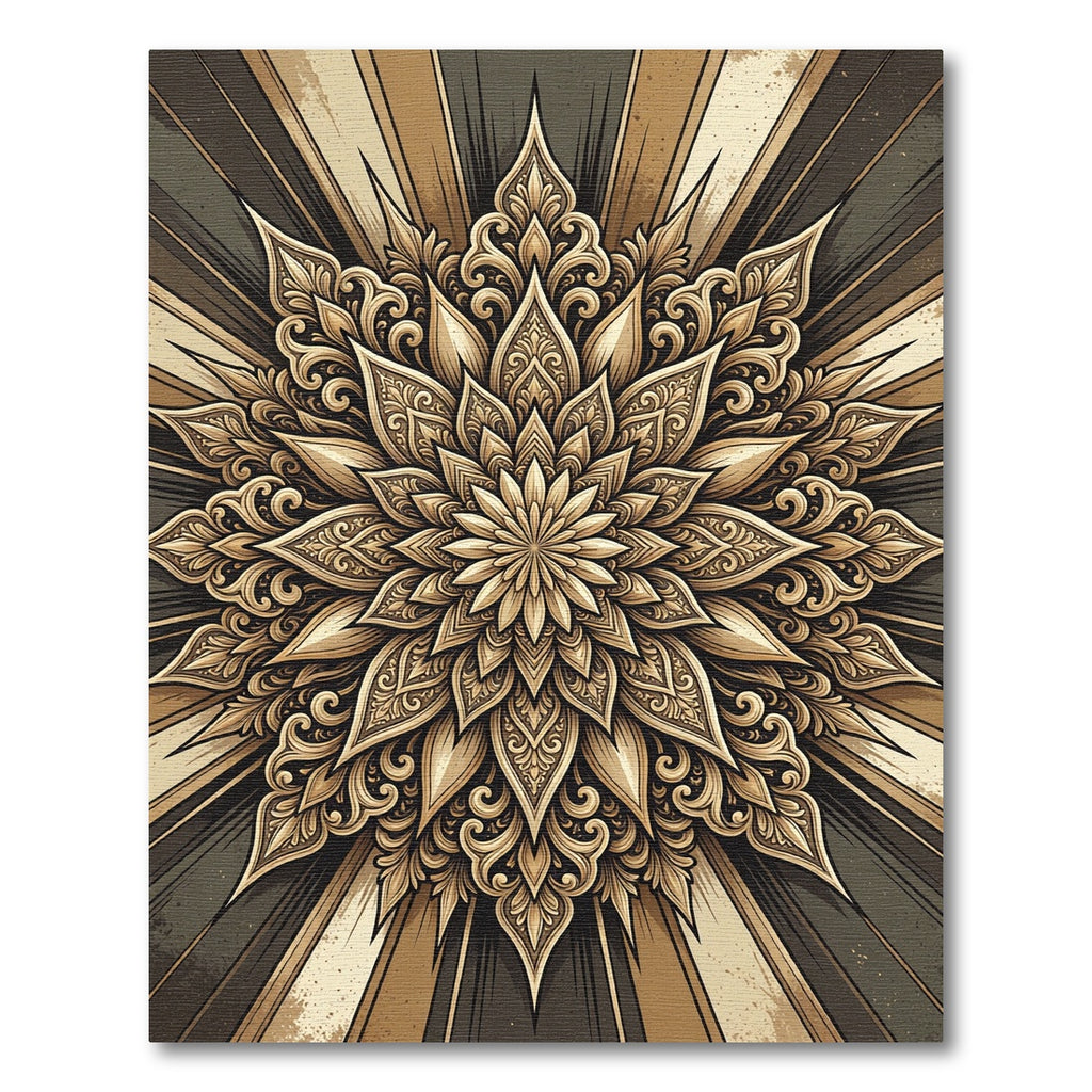 Golden Ornate Floral Sunburst Medallion Rug