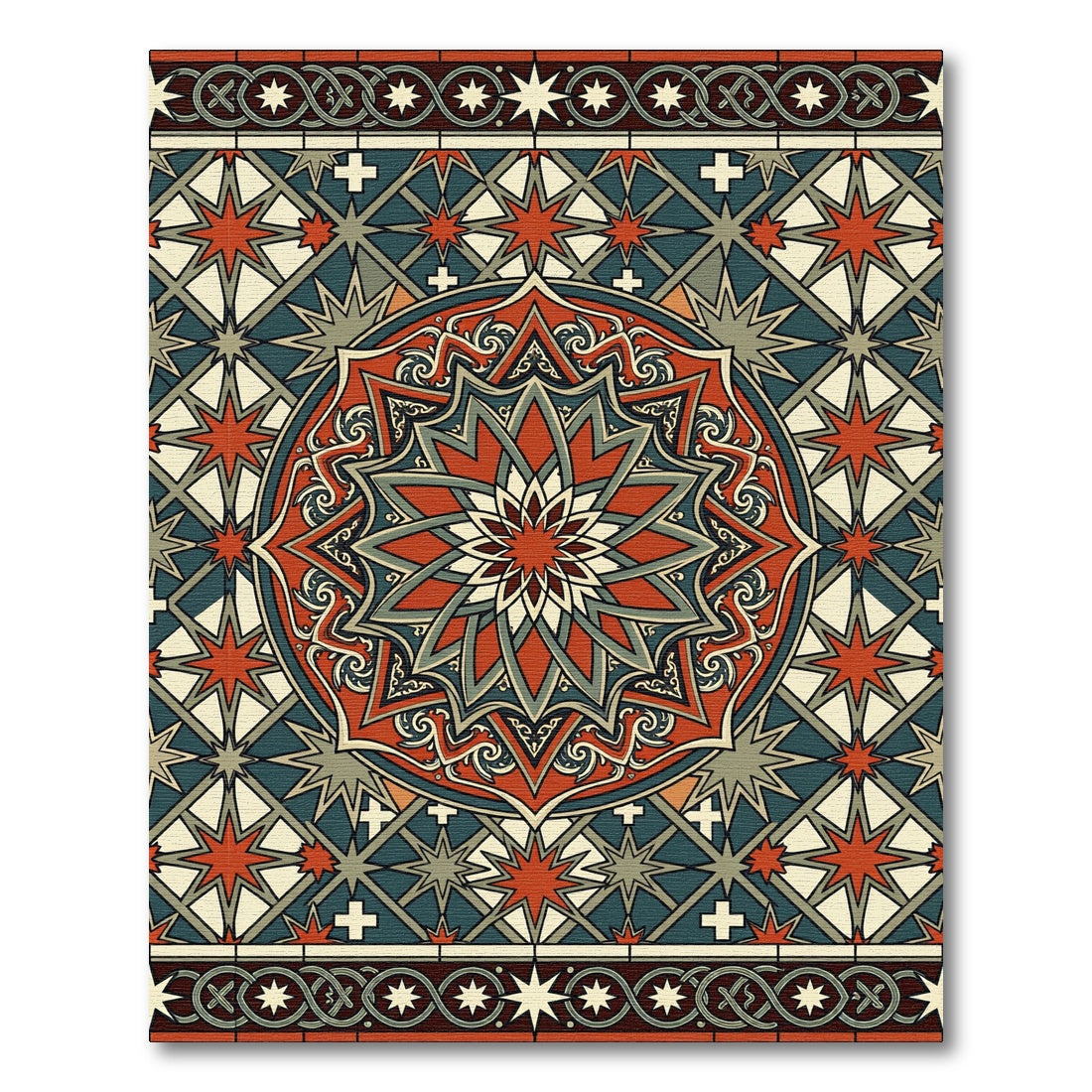 Art Deco Crimson Star Geometric Medallion Rug