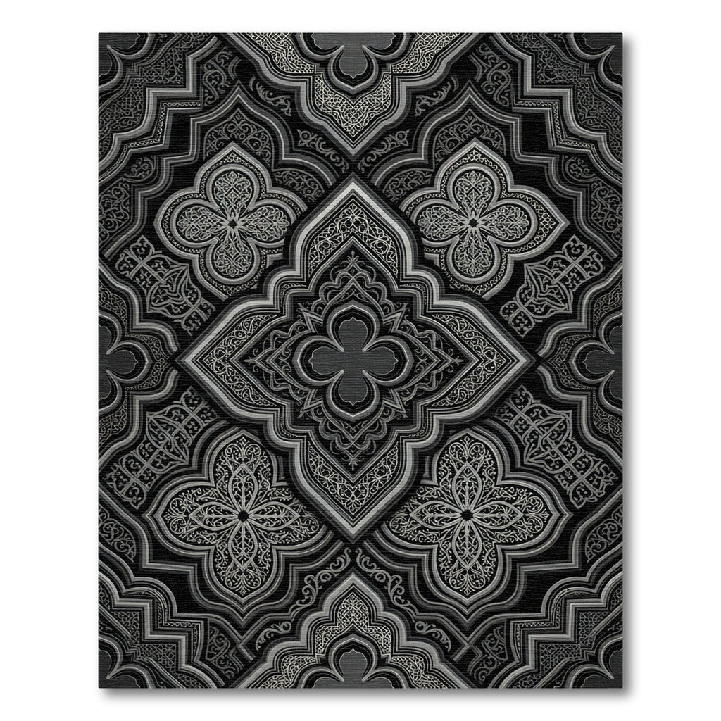 Ornate Black and Silver Geometric Arabesque Rug