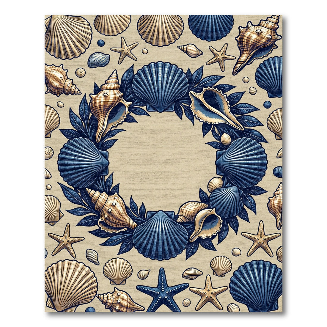 Blue and Gold Seashell Wreath Rug