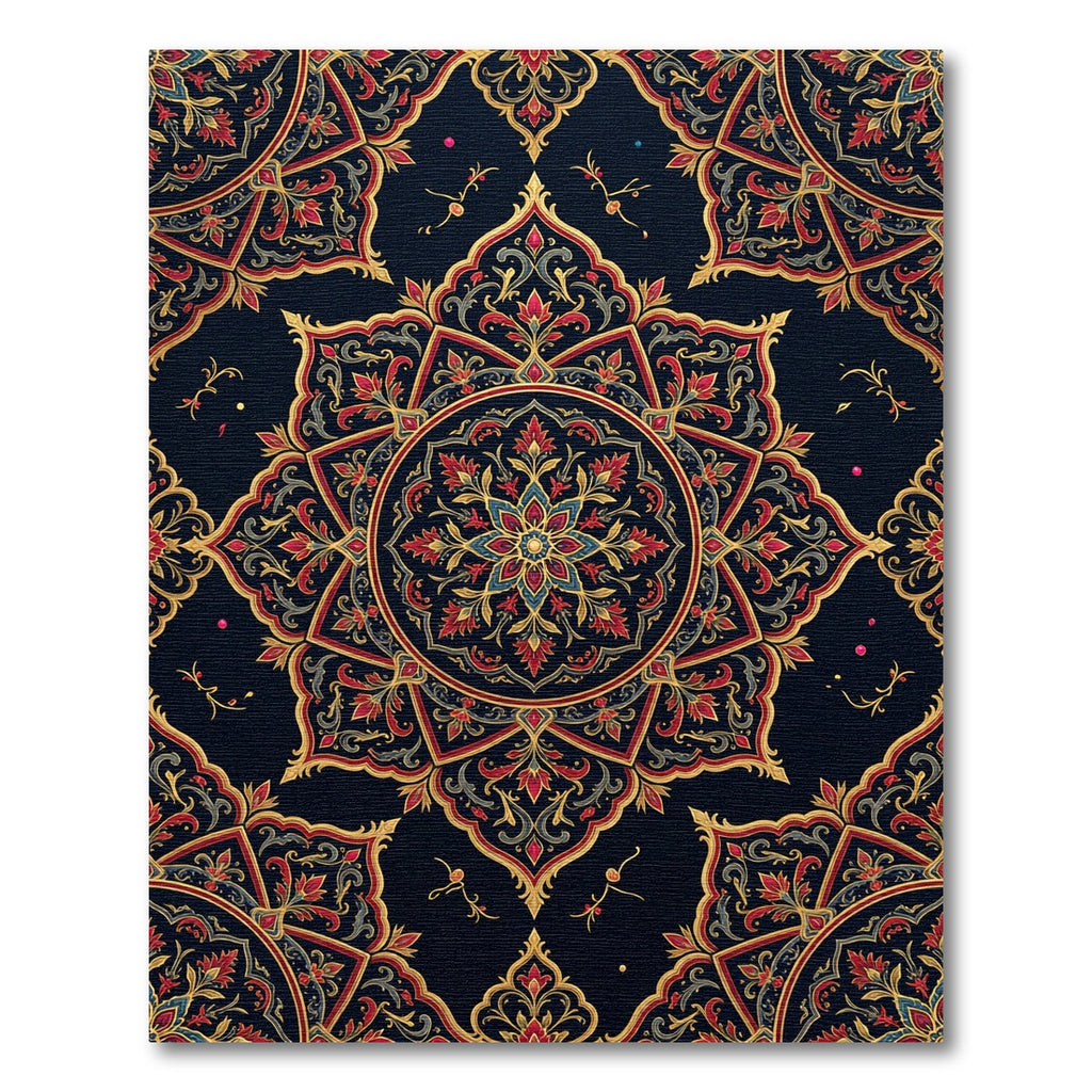 Ornate Crimson Gold Starburst Mandala Rug