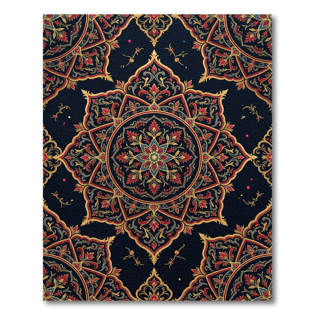 Ornate Crimson Gold Starburst Mandala Rug