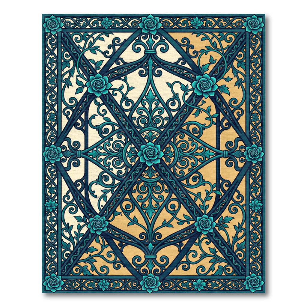 Teal Floral Lattice Scrollwork Rug