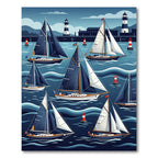 Nautical Navy Sailboat Oceanic Wave Scene Rug