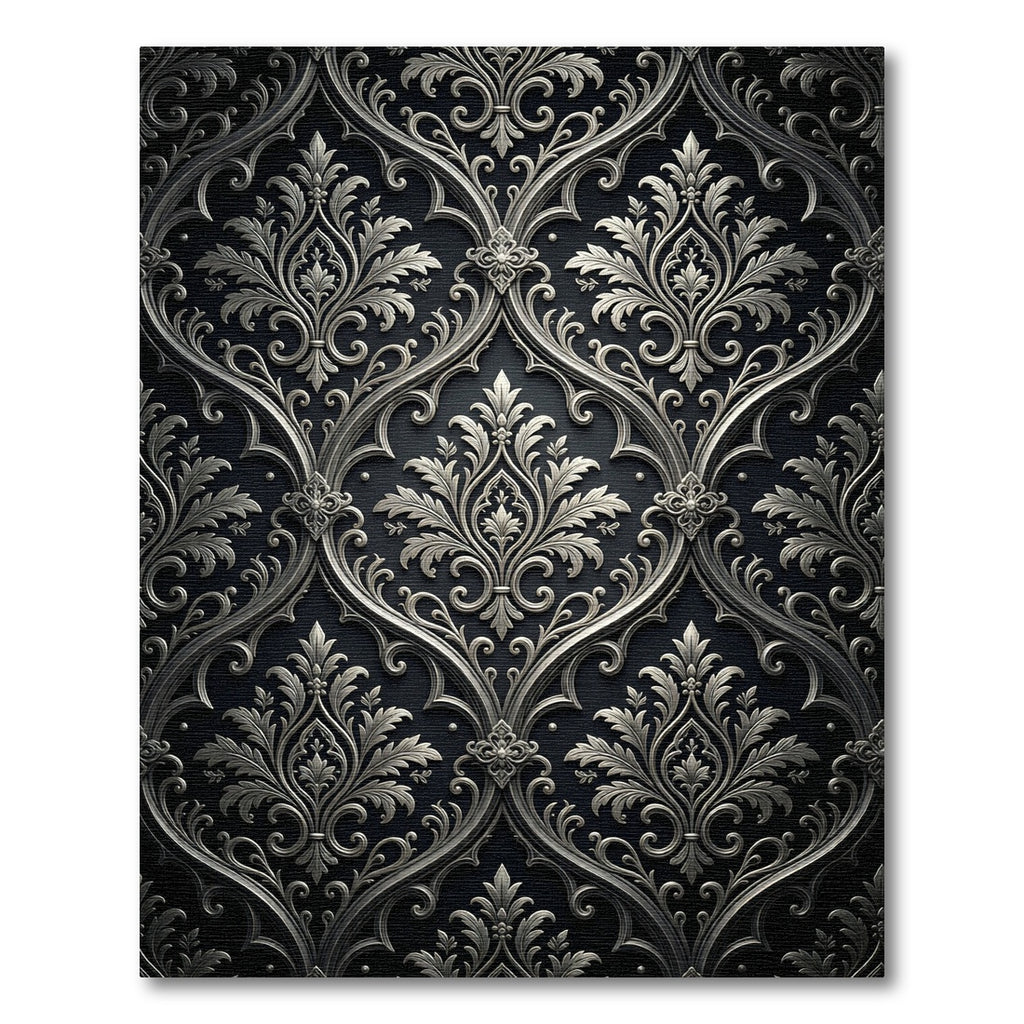 Intricate Silver Black Damask Scroll Rug