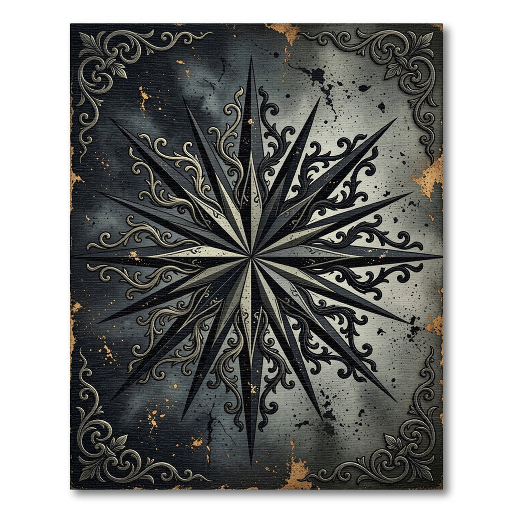 Gothic Blackened Silver Starry Compass Rug