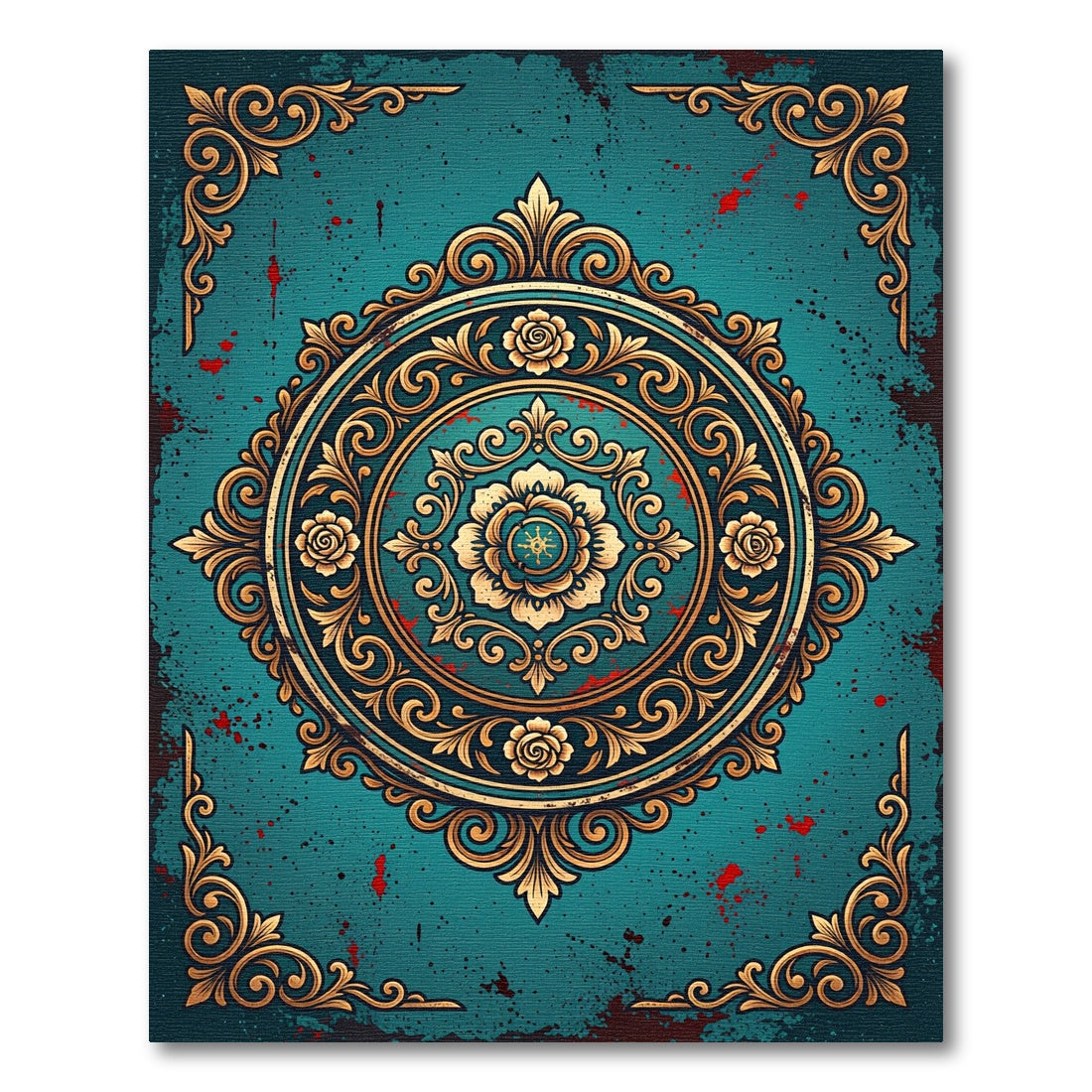 Gilded Teal Floral Mandala Ornament Rug