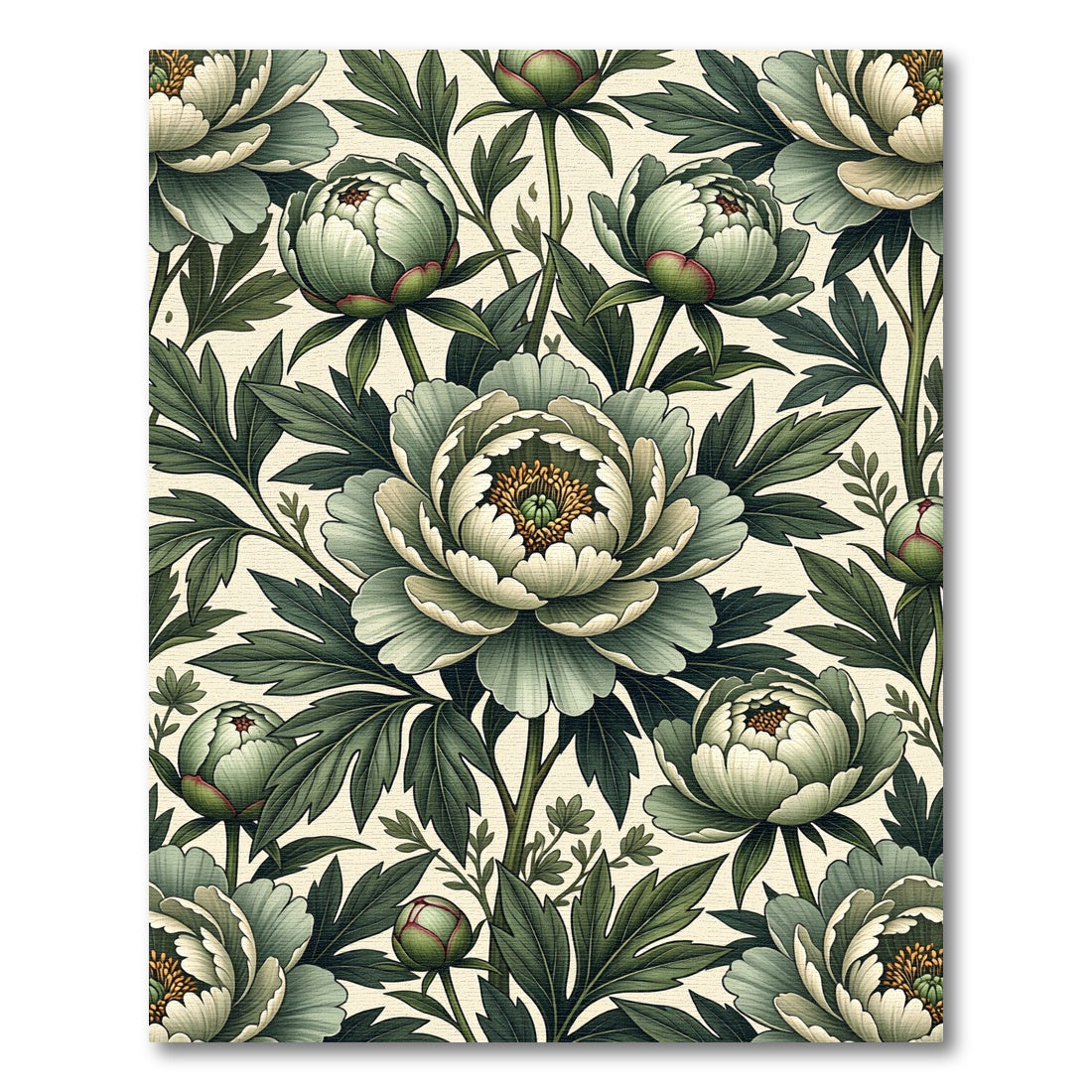 Sage Botanical Peony Floral Illustration Rug