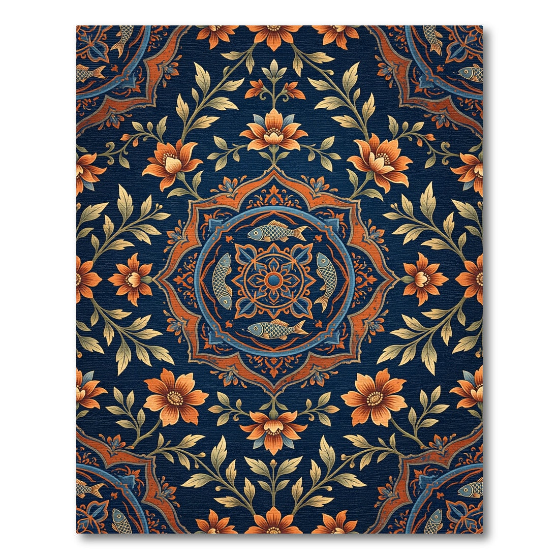 Ornate Blue Orange Floral Fish Medallion Rug