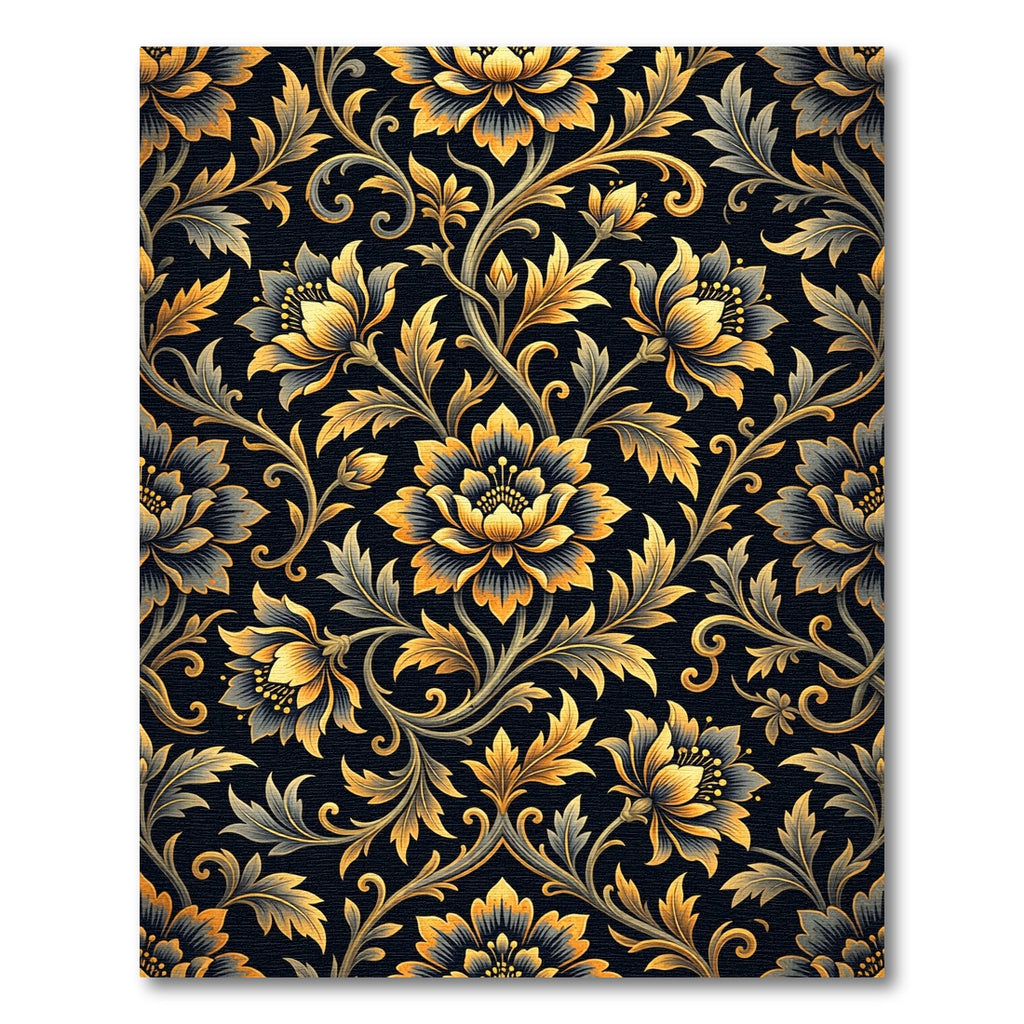 Luxurious Black Gold Floral Damask Rug