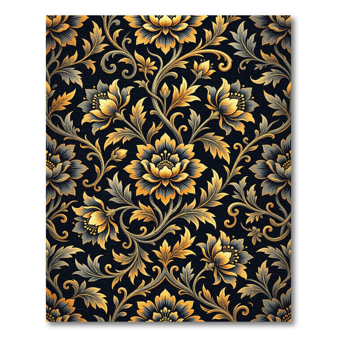 Luxurious Black Gold Floral Damask Rug