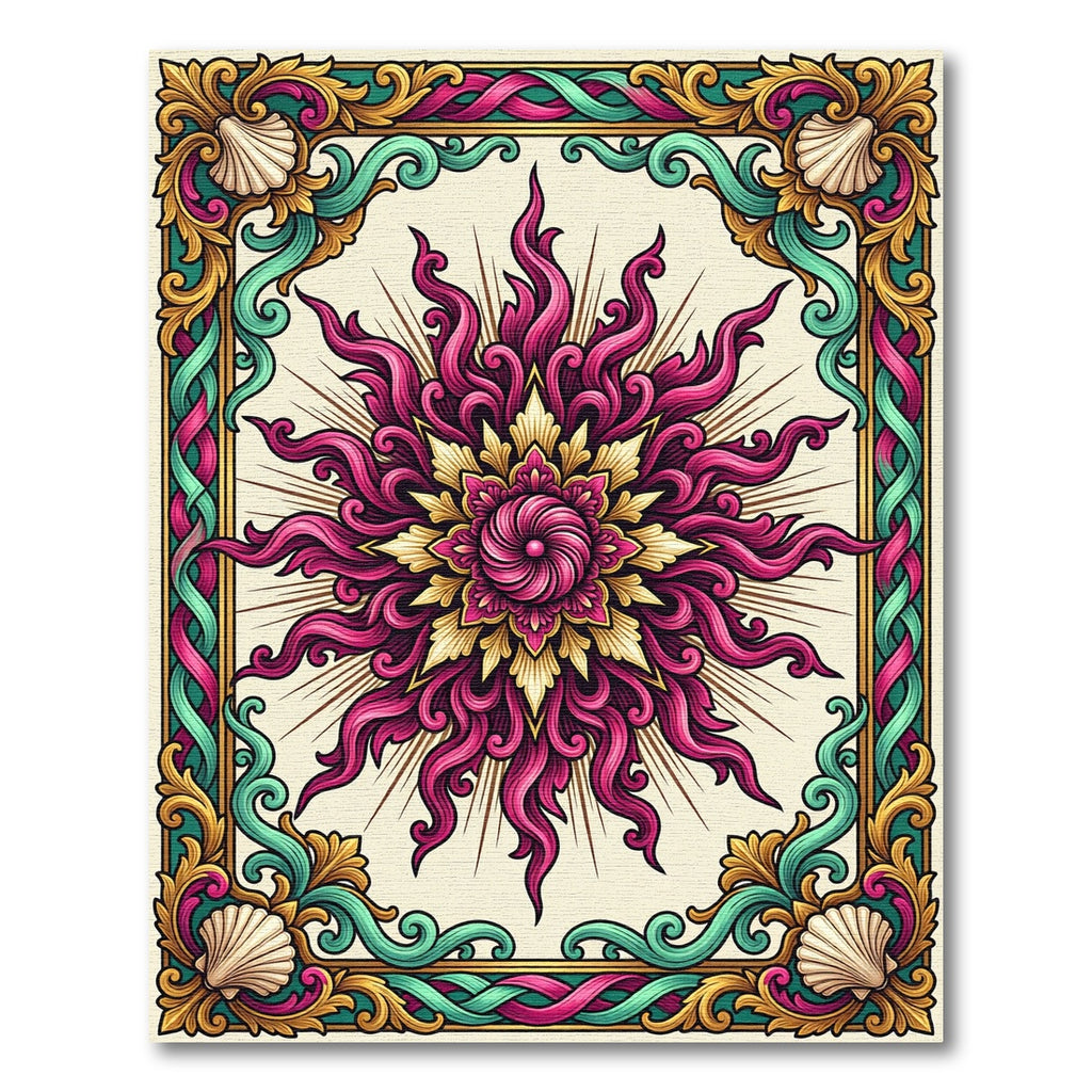 Ornate Pink Golden Sunburst Frame Rug
