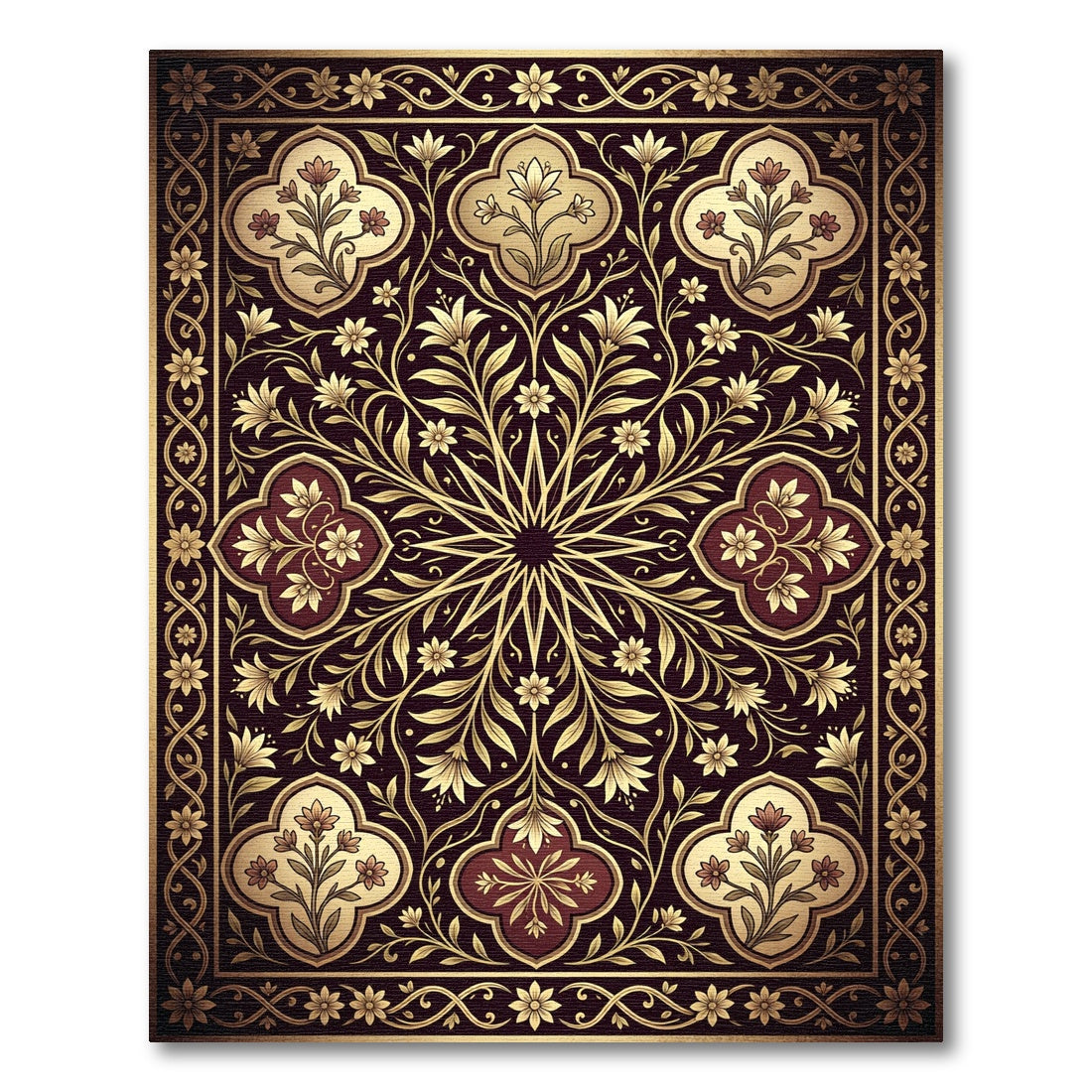 Gold Floral Medallion Burgundy Tapestry Rug