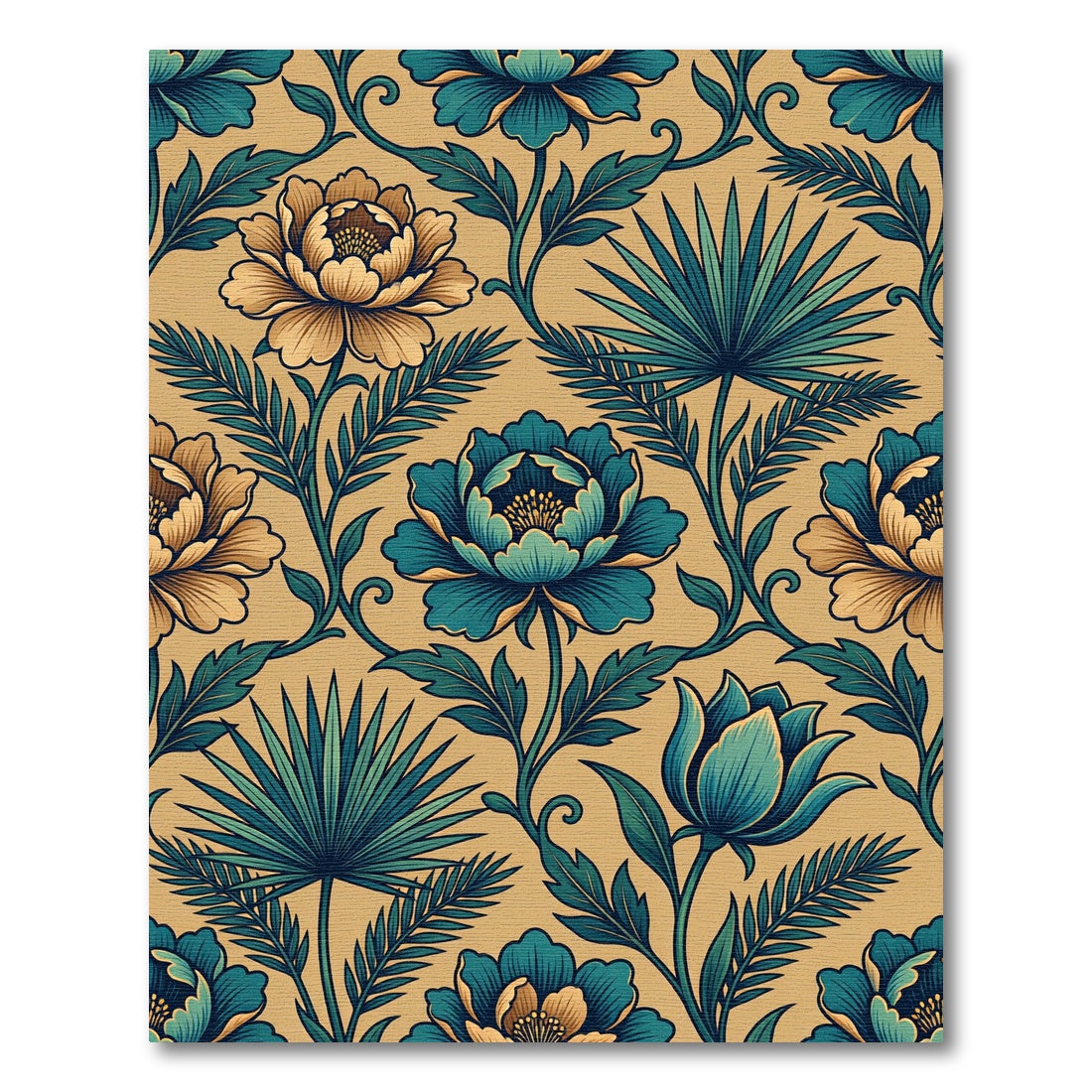 Golden Teal Floral Vine Garden Rug