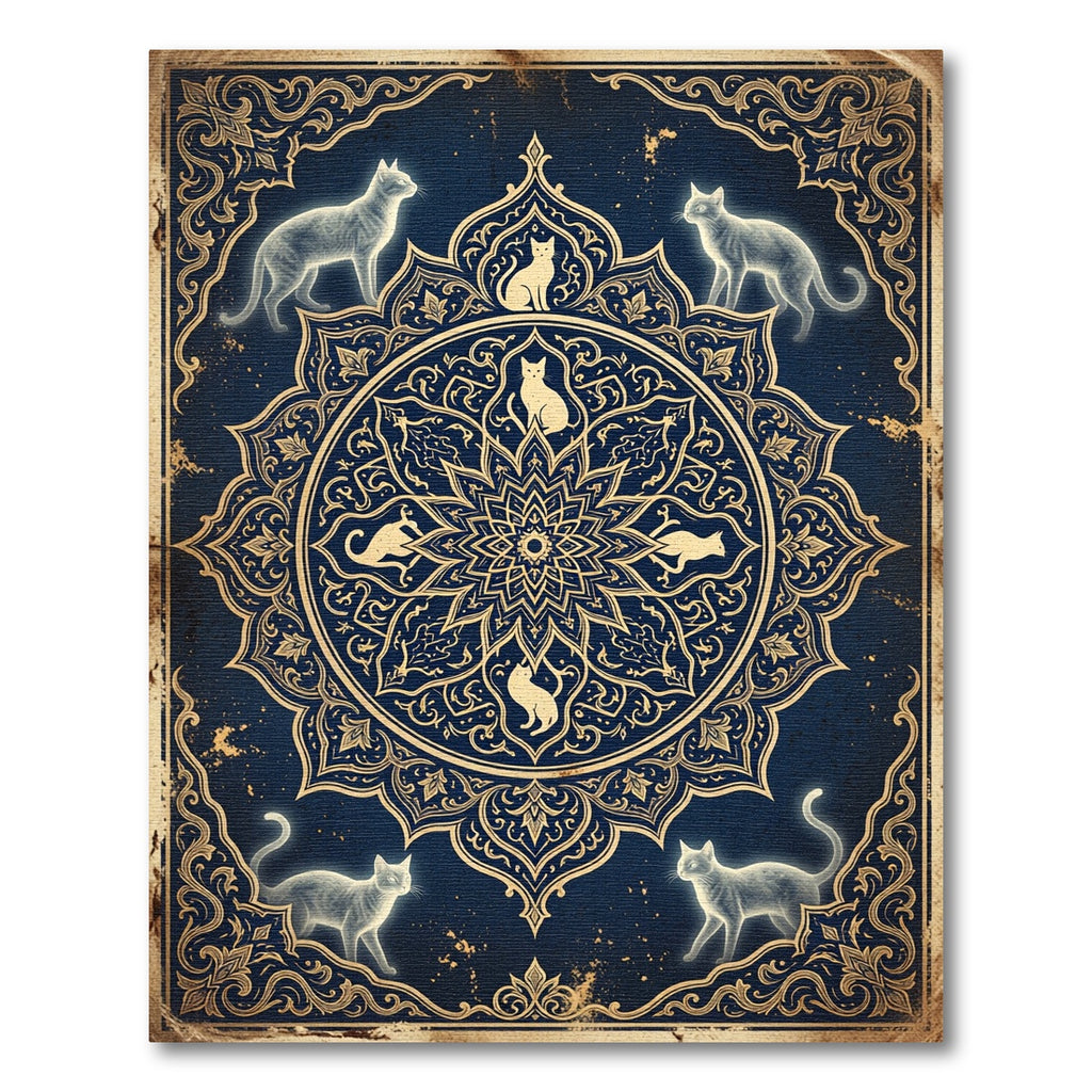 Celestial Feline Mandala Navy Gold Rug