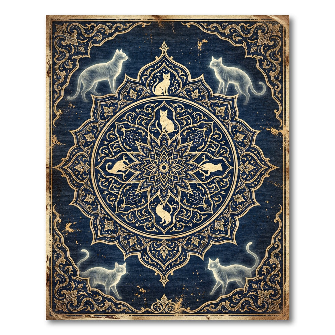 Celestial Feline Mandala Navy Gold Rug