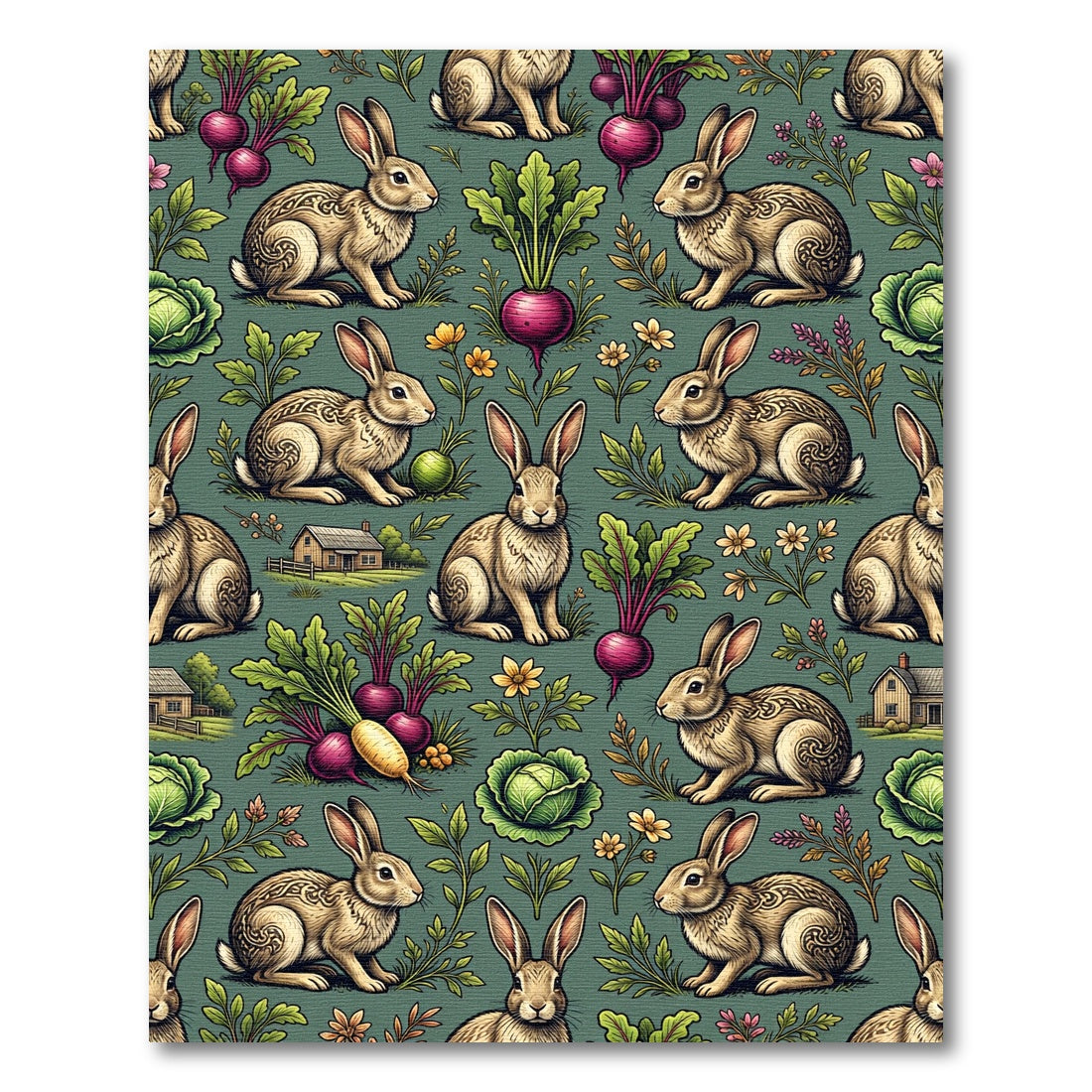 Whimsical Hare and Garden Vegetable Sage Rug