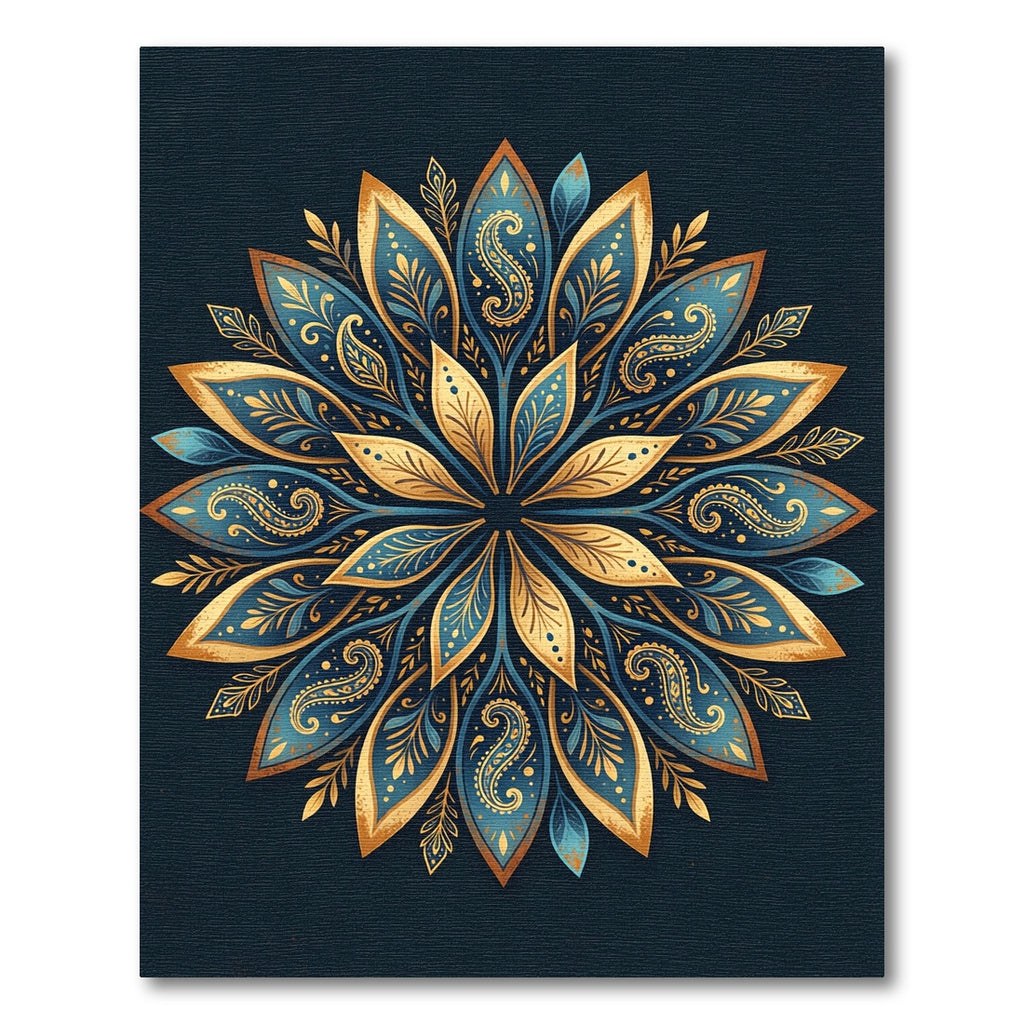 Golden Leaf Mandala Navy Floral Medallion Rug