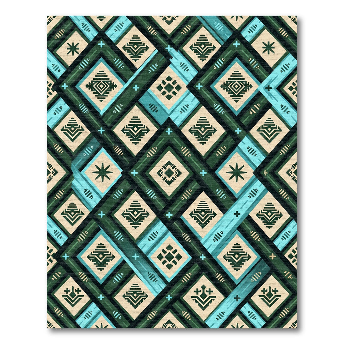 Geometric Teal and Forest Green Diamond Rug