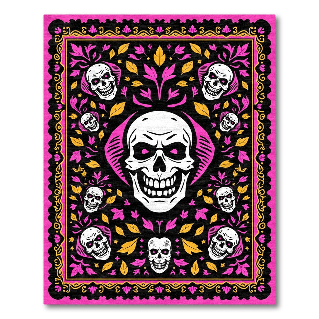 Vibrant Pink Skull Floral Border Rug