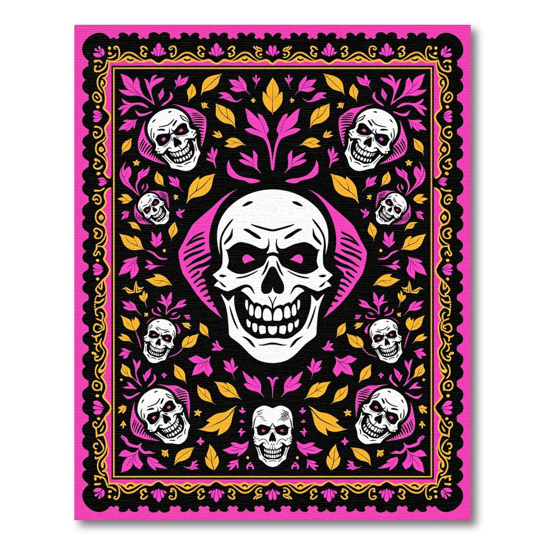 Vibrant Pink Skull Floral Border Rug