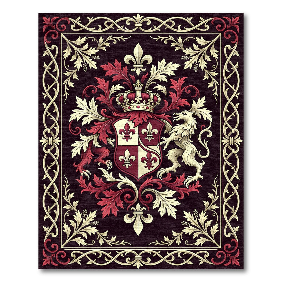 Royal Crimson Fleur-de-lis Heraldic Crest Rug