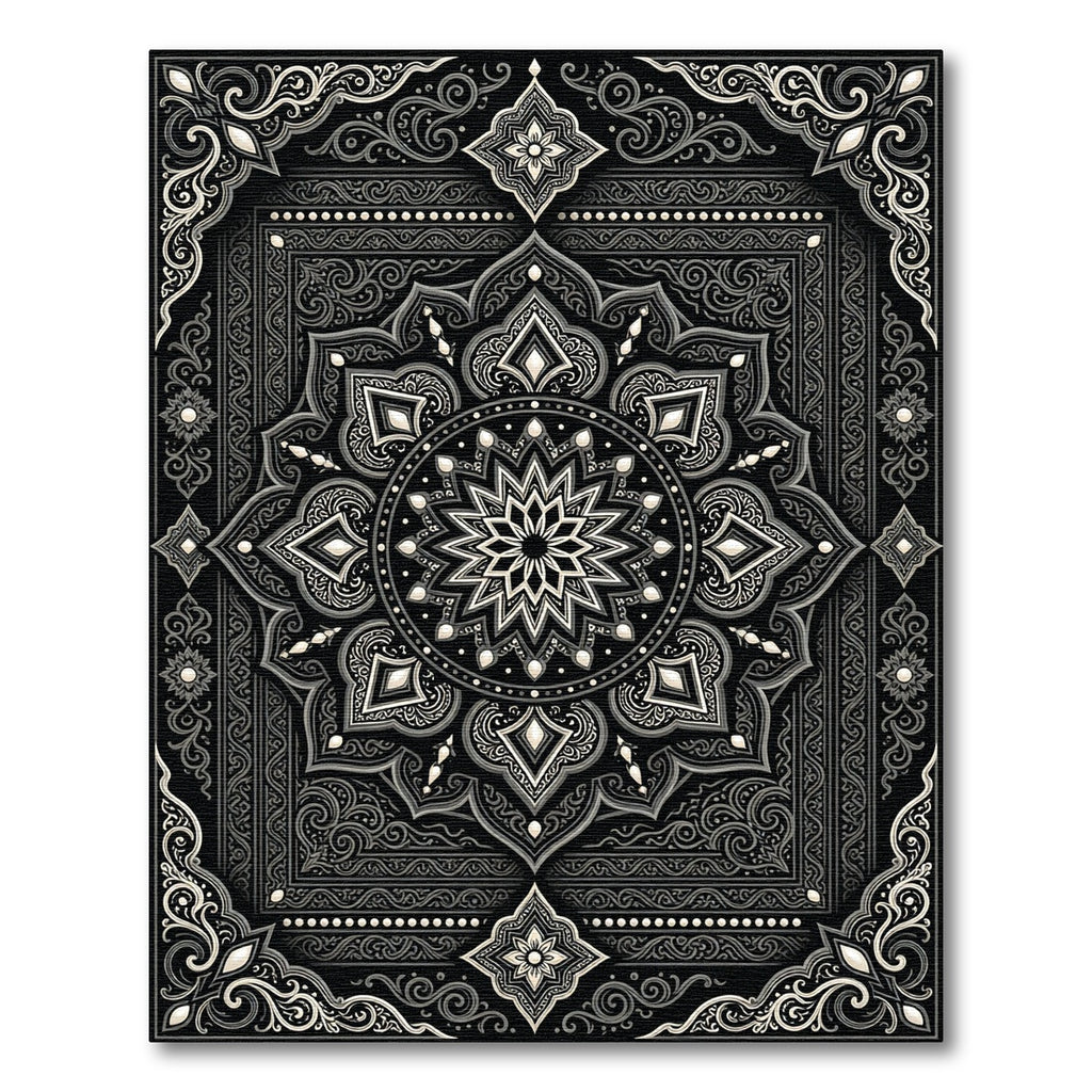 Monochrome Ornate Floral Mandala Medallion Frame Rug