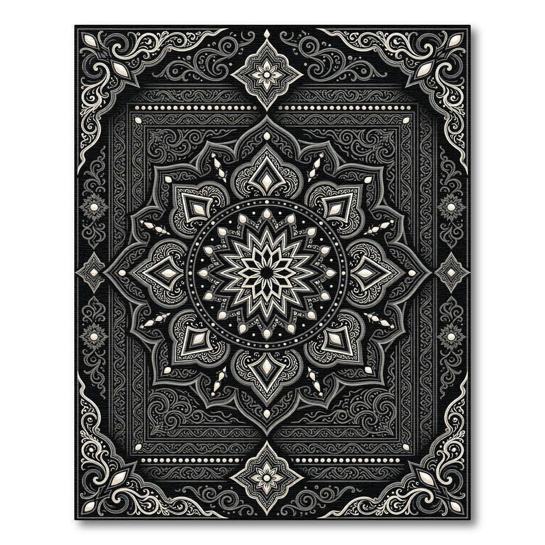 Monochrome Ornate Floral Mandala Medallion Frame Rug