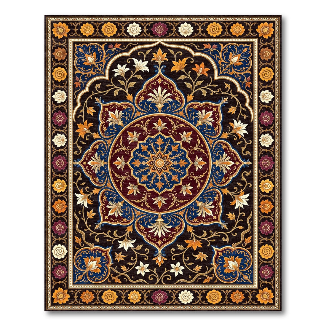 Elegant Crimson Blue Floral Medallion Rug