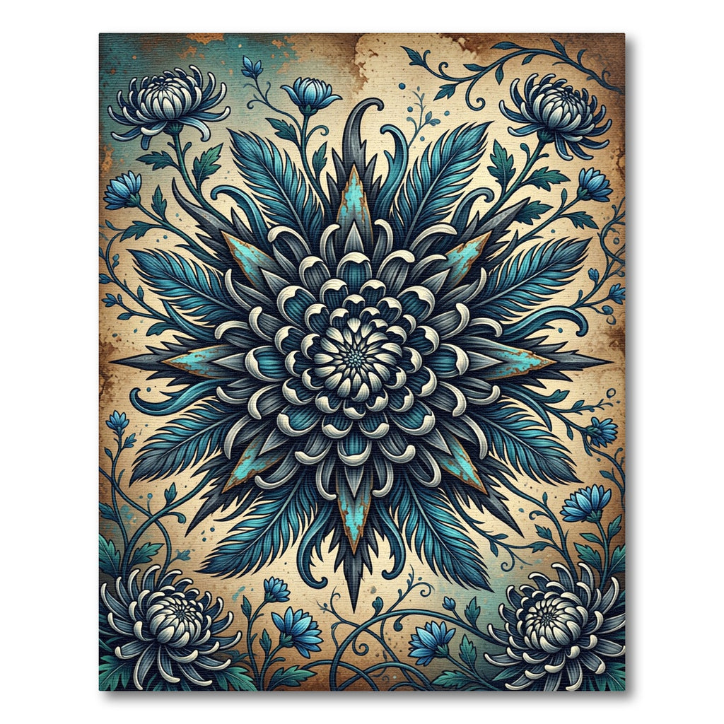 Intricate Teal Chrysanthemum Floral Medallion Rug