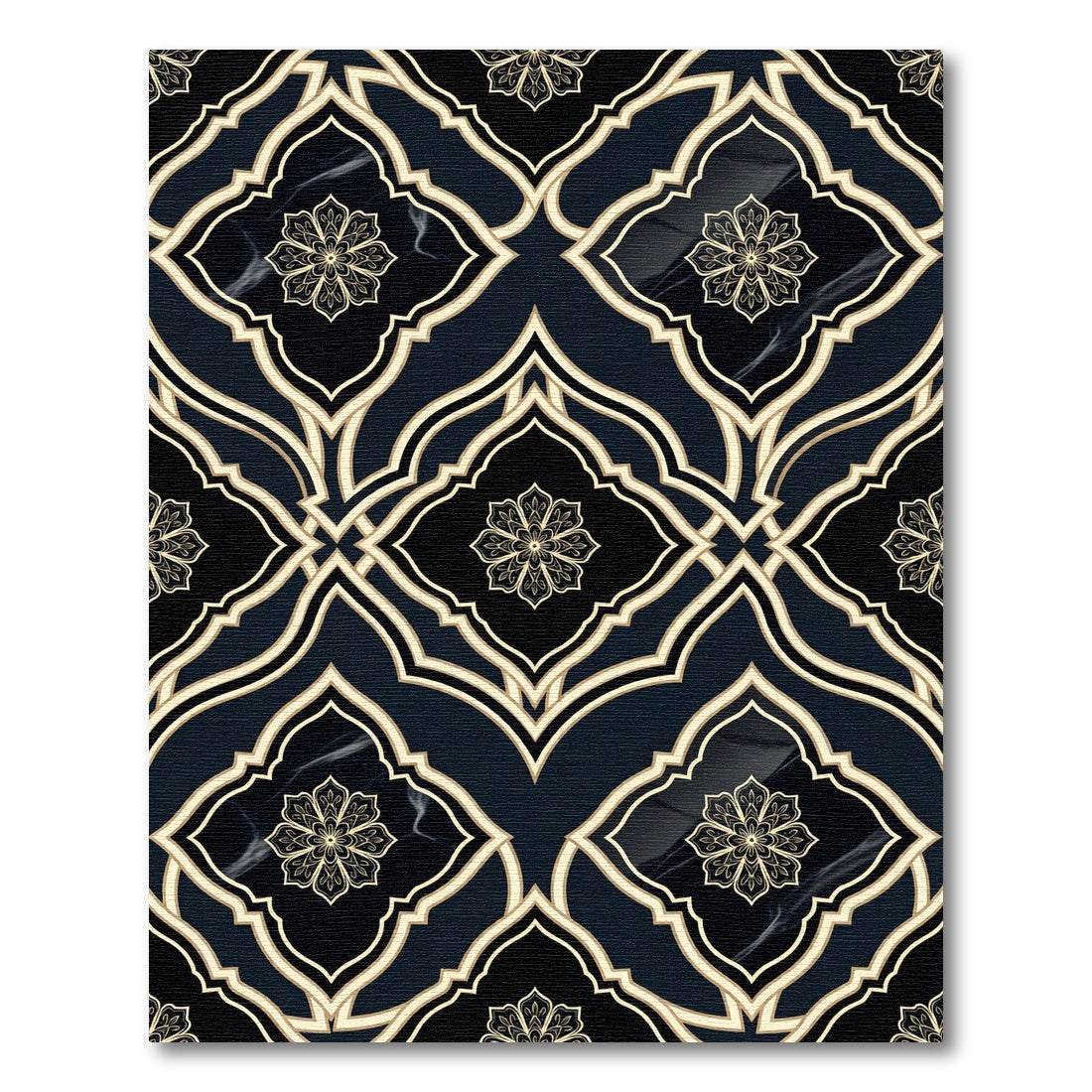 Dark Teal Gold Arabesque Floral Medallion Rug