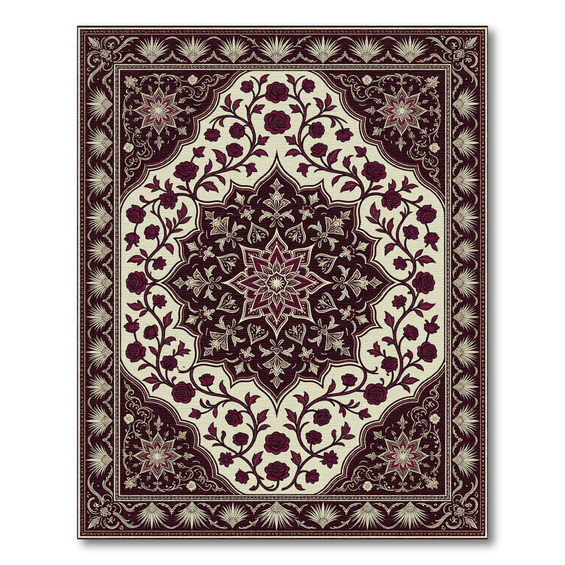 Deep Crimson Rose Floral Medallion Rug