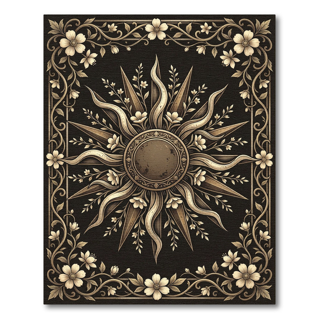 Ornate Gold Celestial Sun Floral Rug