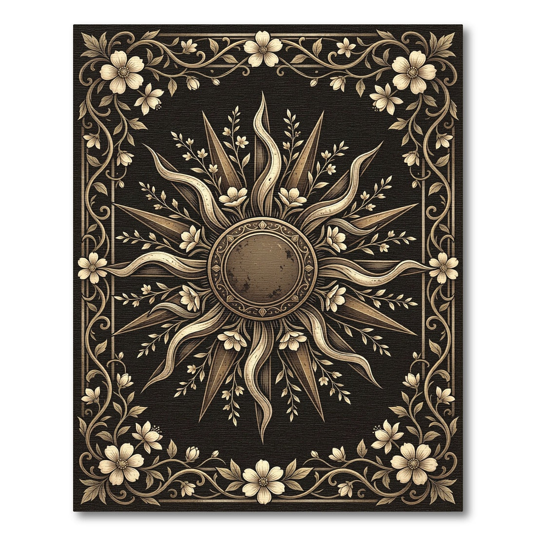 Ornate Gold Celestial Sun Floral Rug