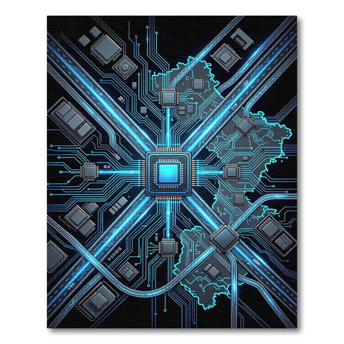 Cyber Circuit Blue Neon Grid Rug
