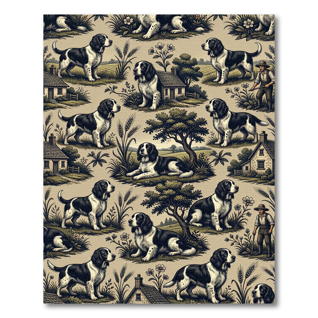 Black and White Spaniel Countryside Toile Rug