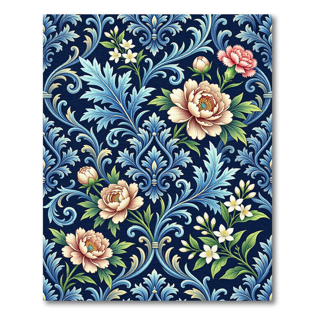 Elegant Navy Blue Peony Damask Rug