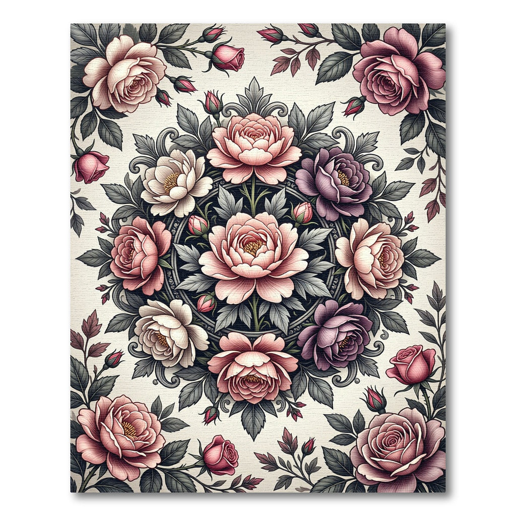 Elegant Floral Medallion Pink Rose Bouquet Rug