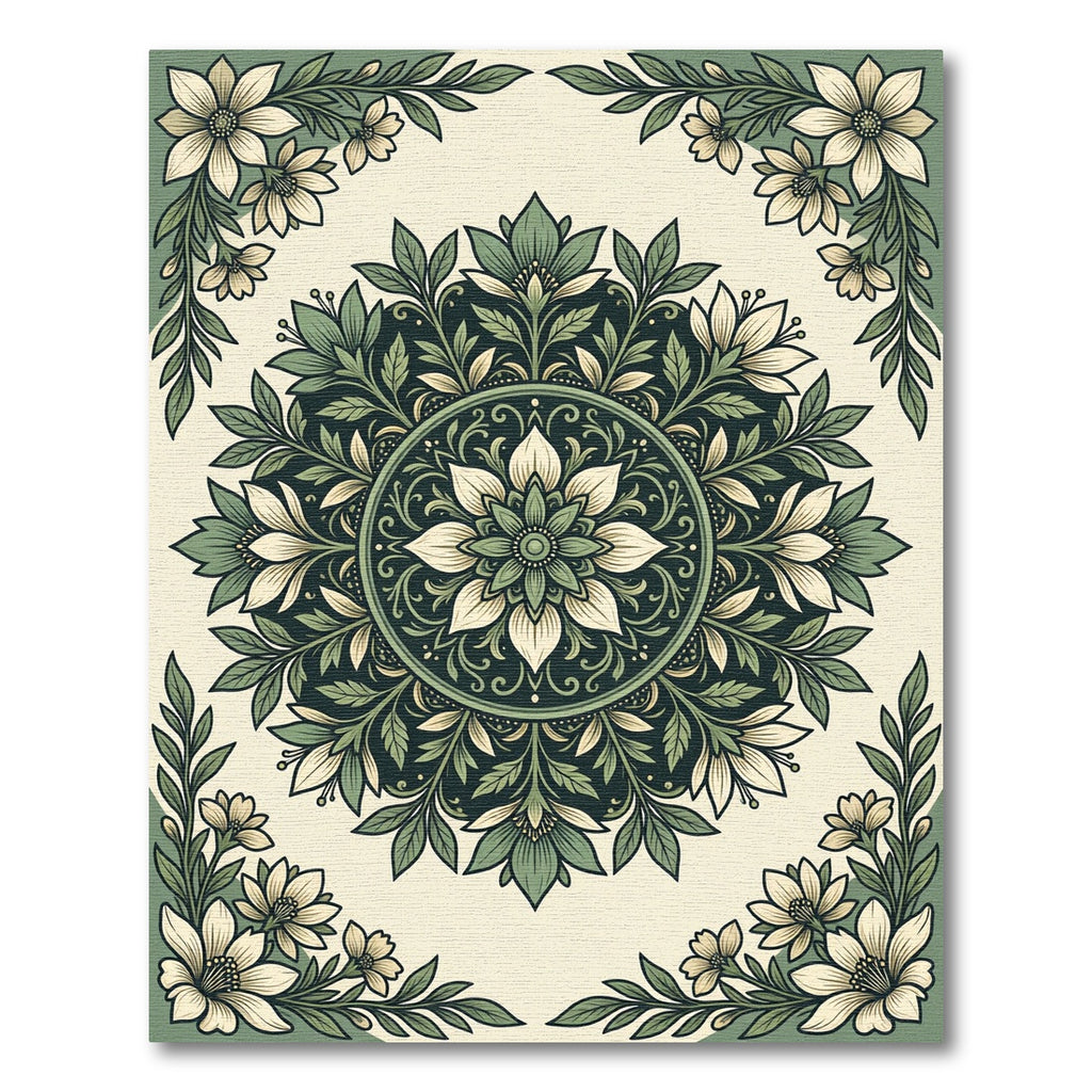 Sage Green Floral Mandala Medallion Rug