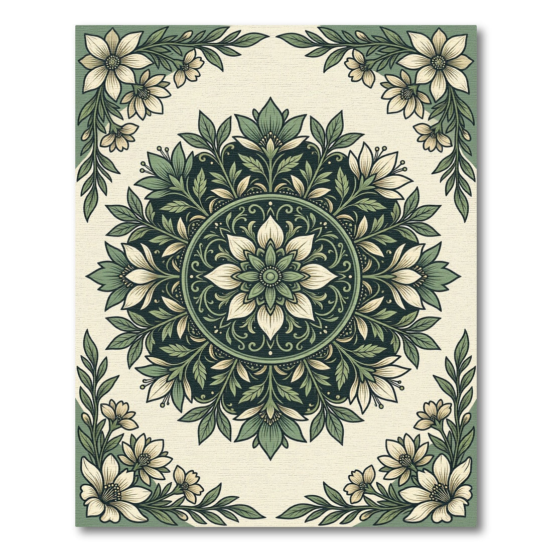Sage Green Floral Mandala Medallion Rug