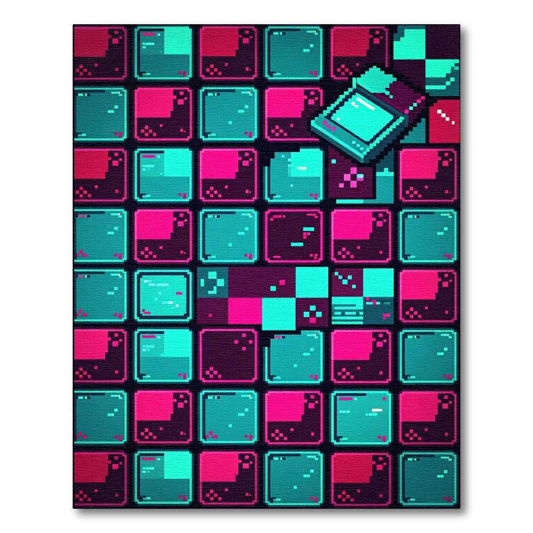 Neon Pixel Art Cyberpunk Grid Rug